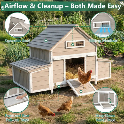 Spacious Wooden Chicken Coop With Six Nesting Boxes And Pull Out Tray For Four To Six Chickens, weatherproof open roof shown