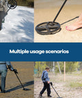 Image of multiple scenarios using heavy duty sand scoop and metal detector for treasure hunting in various terrains.
