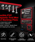 Three Piece Pro Magnetic Tool Mat Set With Pickup Tool Telescoping Magnetic Inspection Mirror Flexible PVC Pad Non Slip Holder And Tray For Mechanics Gear Garage Workshop And Repair Toolbox Organization shown with tools organized on a magnetic mat and trays against a black toolbox.