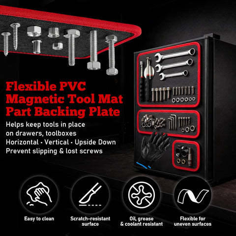 Three Piece Pro Magnetic Tool Mat Set With Pickup Tool Telescoping Magnetic Inspection Mirror Flexible PVC Pad Non Slip Holder And Tray For Mechanics Gear Garage Workshop And Repair Toolbox Organization shown with tools organized on a magnetic mat and trays against a black toolbox.