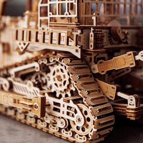 Terrain Titan Bulldozer 3D Wooden Puzzle Kit For Adults To Build With 1715 Precision Cut Pieces No Glue Needed, close-up wooden track detail
