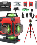 4D Self Leveling Laser Level With 16 Lines And 4x360 Degree Coverage, Green Cross Beams, Remote Control, 2 Batteries, Aluminum Base, 40 Inch Tripod, IP54 Waterproof, Pulse Mode For Outdoor Renovation And Construction - Red laser level kit with tripod, remote, green beams and accessories displayed.