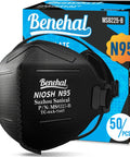 Black mask from the NIOSH Approved N95 Mask Respirator Pack Of 50 Individually Wrapped Black Face Masks With Four Layer Filtration.
