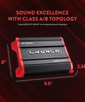 GP2000 2000W 2 Channel Car Amplifier With Beefy Bridged Mono 4 Ohms, showcasing sleek black design and dimensions.