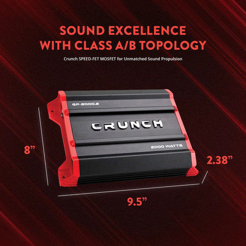 GP2000 2000W 2 Channel Car Amplifier With Beefy Bridged Mono 4 Ohms, showcasing sleek black design and dimensions.