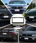 Slick Pure Carbon Fiber License Plate Frame For Cars Featuring Ultra Smooth Polished Surface and Bolt On Secure Mount Brackets showcased on multiple vehicles.