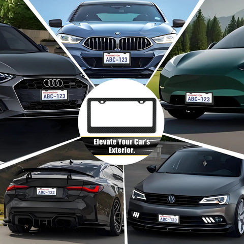 Slick Pure Carbon Fiber License Plate Frame For Cars Featuring Ultra Smooth Polished Surface and Bolt On Secure Mount Brackets showcased on multiple vehicles.