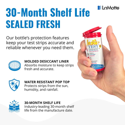 Hand holding a sealed bottle of Straight Up Pool And Spa Test Strips To Keep Your Water Crisp And Clear quick one dip chemistry kit.