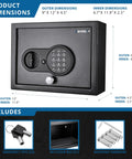 Dimensions and contents of Digital Keypad Safe Box With Solid Steel Construction 0.15 Cu Ft Top Opening Drawer Safe shown.