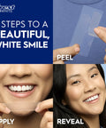 3D Whitestrips At Home Teeth Whitening Starter Kit With 10 Treatments, steps to whiter teeth showing peel, apply, reveal process