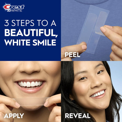 3D Whitestrips At Home Teeth Whitening Starter Kit With 10 Treatments, steps to whiter teeth showing peel, apply, reveal process