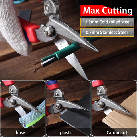 Heavy Duty Industrial Scissors For Home And Workshop Use, Aviation Tin Snips cutting wires, plastic, cardboard samples