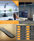 Dual Head LED Desk Lamp For Home Office With Eye Caring Light, Architect Style Gooseneck Desk Light For Multi Monitor Setup, showing wireless remote control usage.