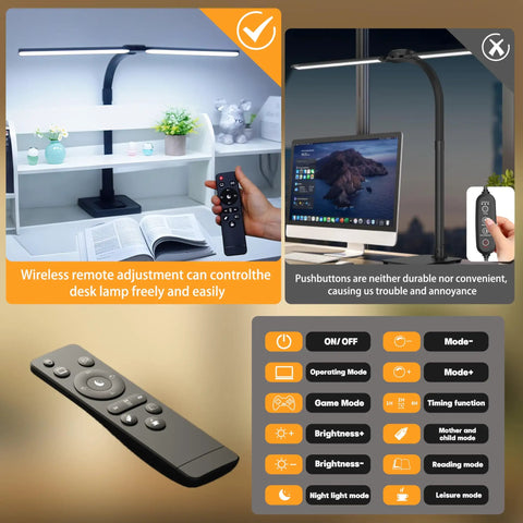 Dual Head LED Desk Lamp For Home Office With Eye Caring Light, Architect Style Gooseneck Desk Light For Multi Monitor Setup, showing wireless remote control usage.