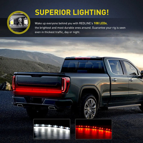 Truck with 49 Inch LED Tailgate Light Strip With 90 LEDs In Red And White For Running Lights, Brake, Turn Signals And Reverse Light