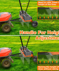 48 Inch Tow Behind Dethatcher With 24 Spring Steel Tines attached to a riding mower showing height adjustment handle