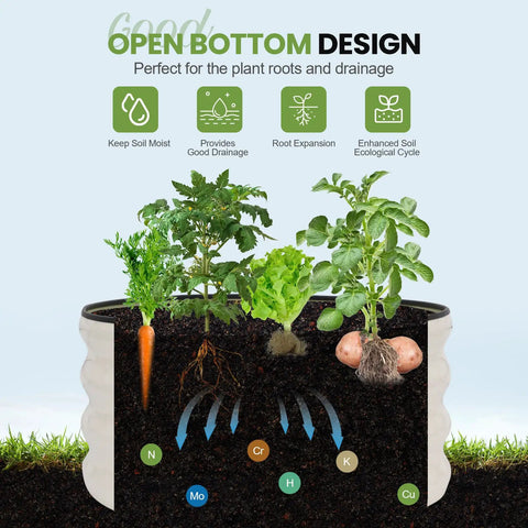 Round Raised Garden Bed Set Of 3 Galvanized Steel Planter Boxes 2x2x1ft With Rubber Edge Trim showing open bottom design and plants.