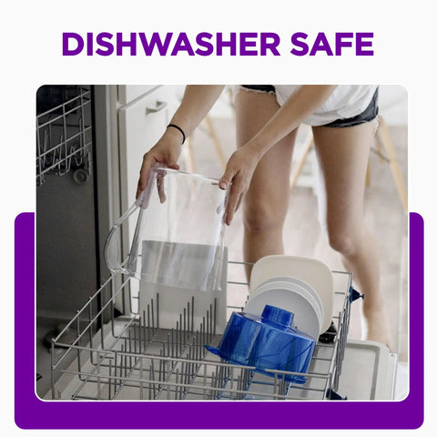 11 Cup Water Pitcher With Built In Filter For Clean Tasting Water, Dishwasher Safe shown in dishwasher