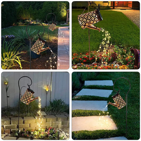Cozy Watering Can Solar Powered Lights Outdoor Lantern with hanging fairy string lights in garden setting at night.