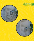 Before and after comparison of house siding cleaned with Top Shelf House Wash Surfactant For Exterior Siding And Roof Cleaning With Stable Bleach Additive Mix, Heavy Duty Soft Wash Soap For Concrete Driveways And Brick Facades, Half Gallon Jug.