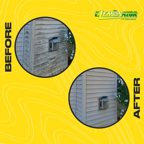 Before and after comparison of house siding cleaned with Top Shelf House Wash Surfactant For Exterior Siding And Roof Cleaning With Stable Bleach Additive Mix, Heavy Duty Soft Wash Soap For Concrete Driveways And Brick Facades, Half Gallon Jug.