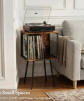 Rustic Record Player Stand Holding 100 Vinyl Records, Industrial Turntable Console With Deep Storage Shelving in cozy living room.