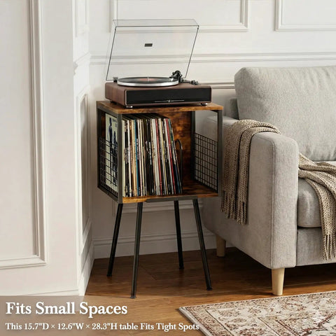 Rustic Record Player Stand Holding 100 Vinyl Records, Industrial Turntable Console With Deep Storage Shelving in cozy living room.