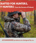 Hunter in camouflage using binoculars in Finnish forest, rifle slung over shoulder below text 'Crafted for Hunters, by Hunters'.