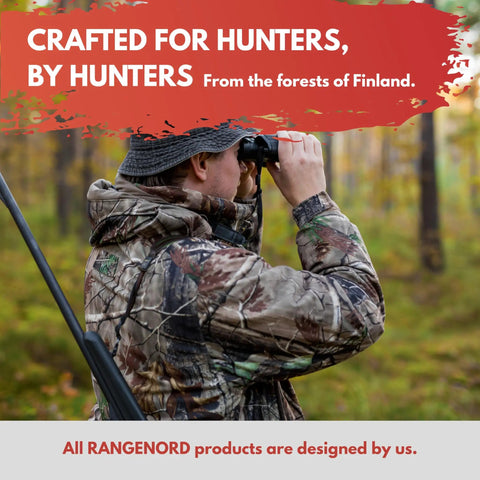 Hunter in camouflage using binoculars in Finnish forest, rifle slung over shoulder below text 'Crafted for Hunters, by Hunters'.