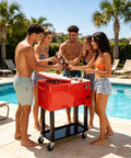 Group enjoying beverages at the pool with 80QT Rolling Cooler On Wheels With Bottle Opener Outdoor Beverage Cooler For Patio And Backyard BBQ Beach Trip Or Party Holds Up To 100 Cans Keeps Drinks Cold 48 Hours And Warm 8 Hours Easy Access Storage Tray.