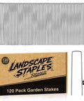 Bundle of 6-inch 11-gauge galvanized landscape staples and packaging. 120 Pack Landscape Staples 6 Inch 11 Gauge Galvanized Ground Anchors For Landscaping Fabric Tarps And Netting Heavy Duty Garden Stakes For Lawn Edging Weed Barrier And Outdoor Projects.