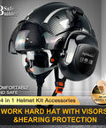 Tough Carbon Fiber ABS Safety Helmet with Integrated Clear and Tinted Goggles Plus Adjustable Noise-Canceling Ear Muffs shown at an angle.