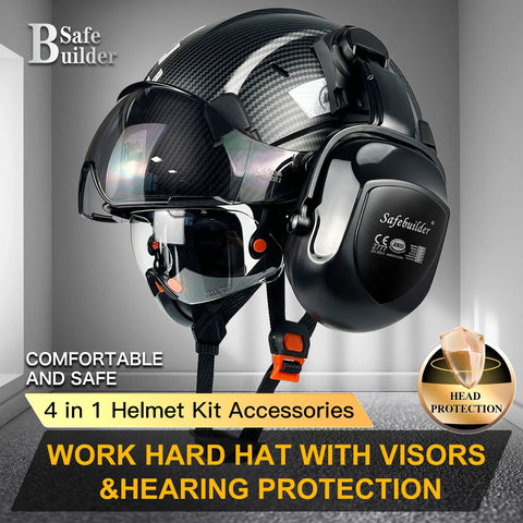 Tough Carbon Fiber ABS Safety Helmet with Integrated Clear and Tinted Goggles Plus Adjustable Noise-Canceling Ear Muffs shown at an angle.