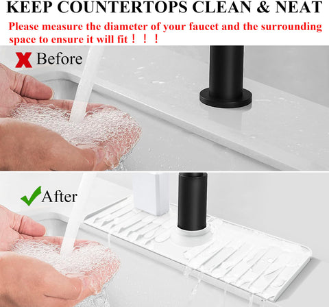 Comparison of faucet with and without Clear Silicone Sink Splash Guard Mat 14.4 x 5.4 Inches, 3 In 1 Faucet Drip Catcher Tray.