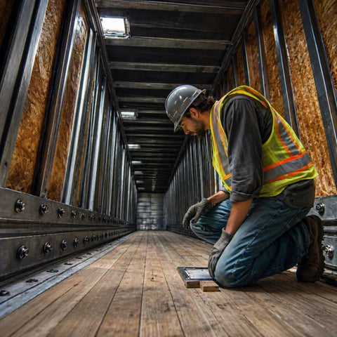 Ride Tough 5/16-18 By 2-1/2 Inch Trailer Deck Screws With T40 Torx Drive and Oil Phosphate Coating in use on steel floorboard installation.