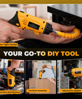 Heavy Duty 4V Cordless Electric Screwdriver Set Featuring 46 Precision Driver Bits In A Slick Carrying Case With Adjustable Torque And All Day Battery Juice For No Fuss Diy And Home Upgrades in use for tight corners.