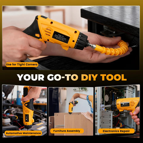 Heavy Duty 4V Cordless Electric Screwdriver Set Featuring 46 Precision Driver Bits In A Slick Carrying Case With Adjustable Torque And All Day Battery Juice For No Fuss Diy And Home Upgrades in use for tight corners.