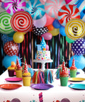 Candy Theme Balloon Set 12 Pcs Mylar Foil Balloons colorful candy circle balloons for birthday party decor with cake backdrop.