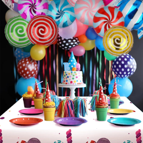 Candy Theme Balloon Set 12 Pcs Mylar Foil Balloons colorful candy circle balloons for birthday party decor with cake backdrop.