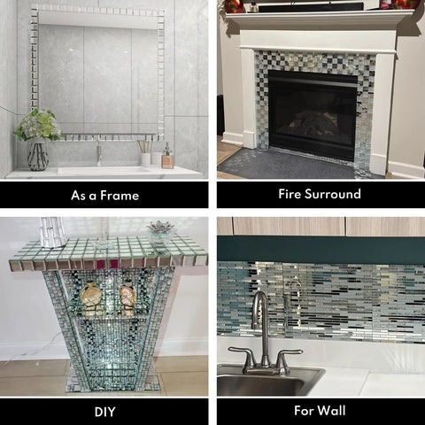 Mirror Glass Mosaic Tiles With Slick Beveled Silver Crystal Finish For Kitchen Backsplash And Bathroom DIY, Fireplace, Wall, Frame
