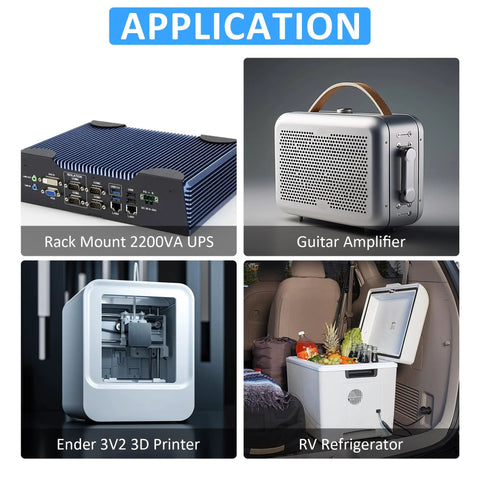 Collage of applications for 80mm 24V DC High Speed Cooling Fan 3500RPM in UPS, guitar amplifier, 3D printer, RV refrigerator