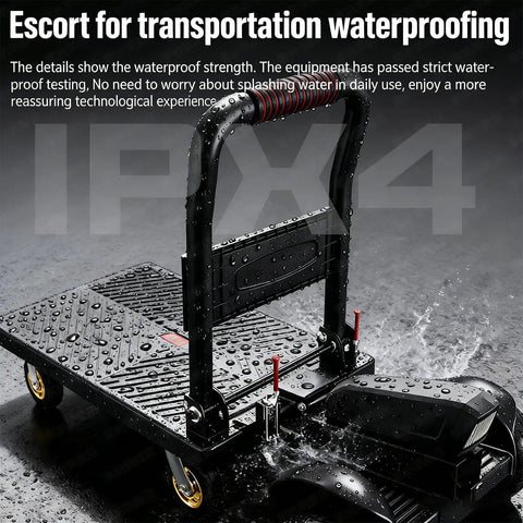 Top Tier Electric Folding Platform Cart Dolly With Huge 300KG Capacity And Powerful 800W Motor For Easy Warehouse Load Lifting And Long 32Km Range Battery showcasing waterproof features.