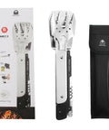 Six In One Folding Grill Utensils Set Featuring Fork Spatula Knife Tongs Bottle Opener And Corkscrew For Fourteen Inch Portable Backyard BBQ And Camping Gear with packaging and pouch