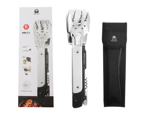 Six In One Folding Grill Utensils Set Featuring Fork Spatula Knife Tongs Bottle Opener And Corkscrew For Fourteen Inch Portable Backyard BBQ And Camping Gear with packaging and pouch