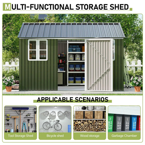 10x12 Ft Outdoor Storage Shed With Lockable Hinged Door And Two Windows Nordic Cottage Metal Shed For Backyard Garden, open view