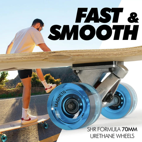 Kicktail Cruiser Longboard wheels close-up with blue finish and bamboo deck, man riding for commuting and carving.