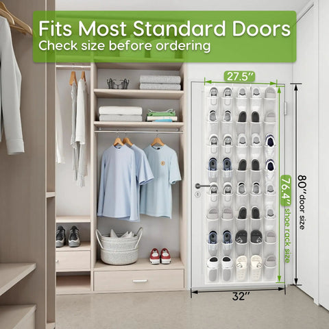 Over The Door Shoe Organizer With 40 Large Breathable Mesh Pockets Space Saving Hanging Shoe Rack For Entryway Bedroom And Closet Storage White Perfect For Sneakers Boots And Heels In Small Spaces shown on door