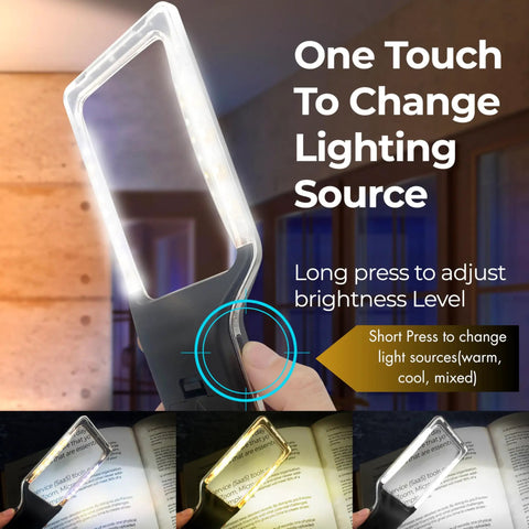 3X Large Lighted Magnifying Glass With Anti Glare Lens And Stepless Dimmable LEDs showcasing light mode changes.