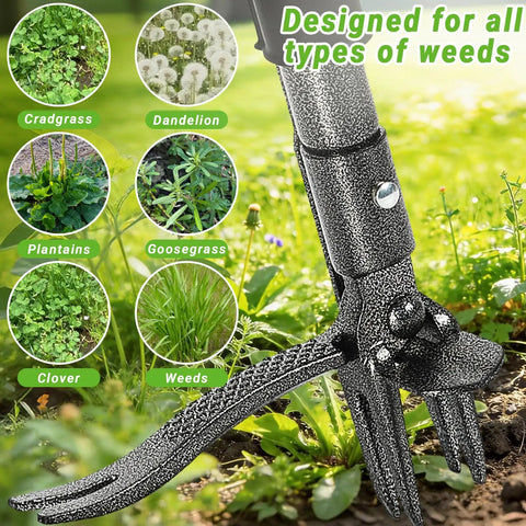 Stand Up Weed Puller Tool With Dual Action Pop Up Mechanism For Easy Weed Removal In Garden Lawn And Yard 43.5 Inch Long Durable Ergonomic Handle For Quick Dirt Uprooting, 4-claw steel head in garden
