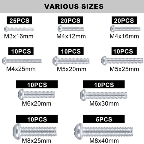Chart showing screw sizes from All In One 500 Pcs Screws Nuts And Washers Set with M3-M8 sizes organized by quantity and length.